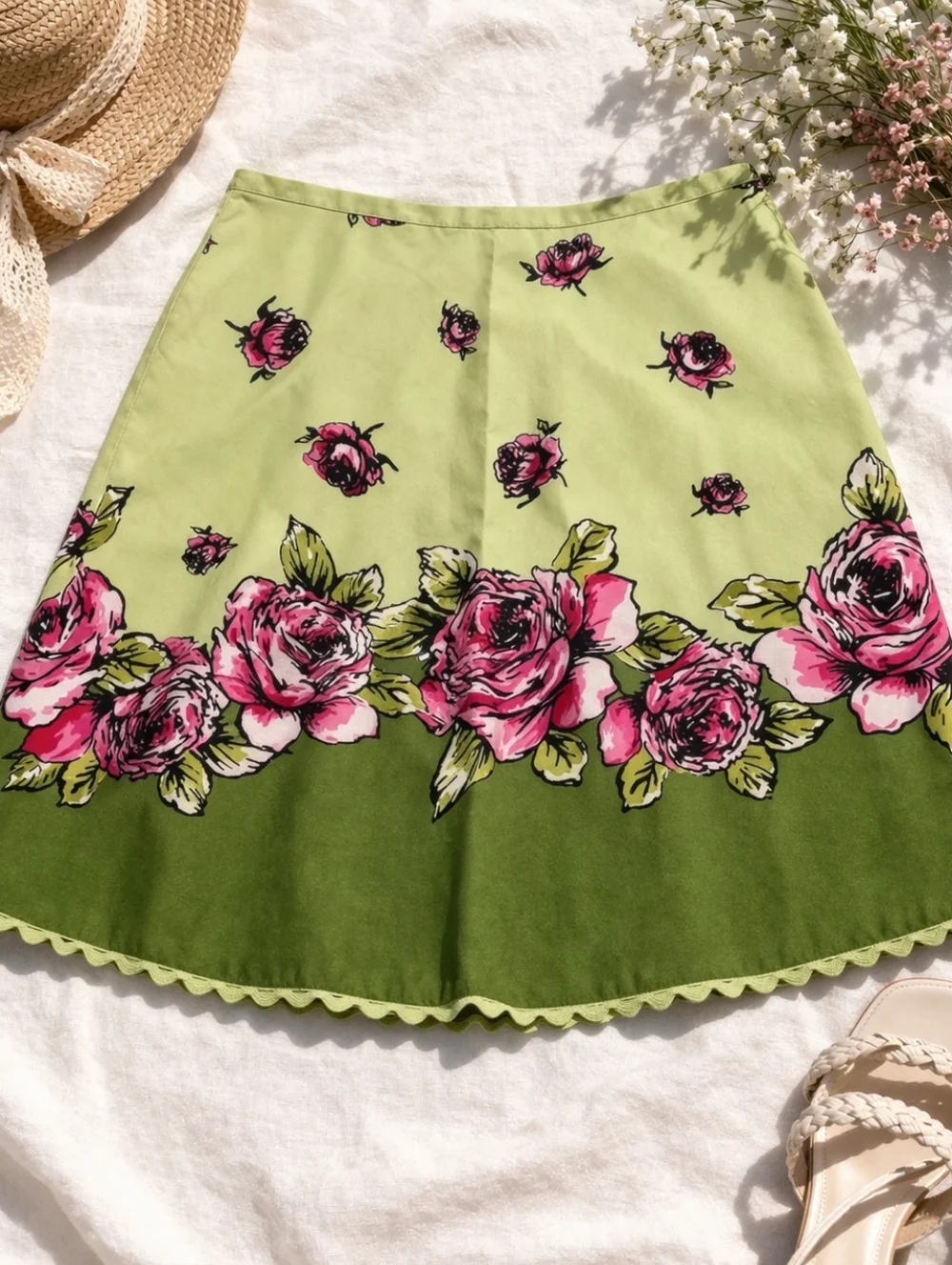 Liz Claiborne Floral A-Line Skirt Green Pink Roses Scallop Hem Gardenparty